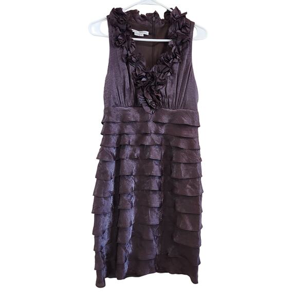 Maggy London Elegant Shimmer Brown Rosette Ruffle Tiered Evening Dress Size 8 - Picture 1 of 6